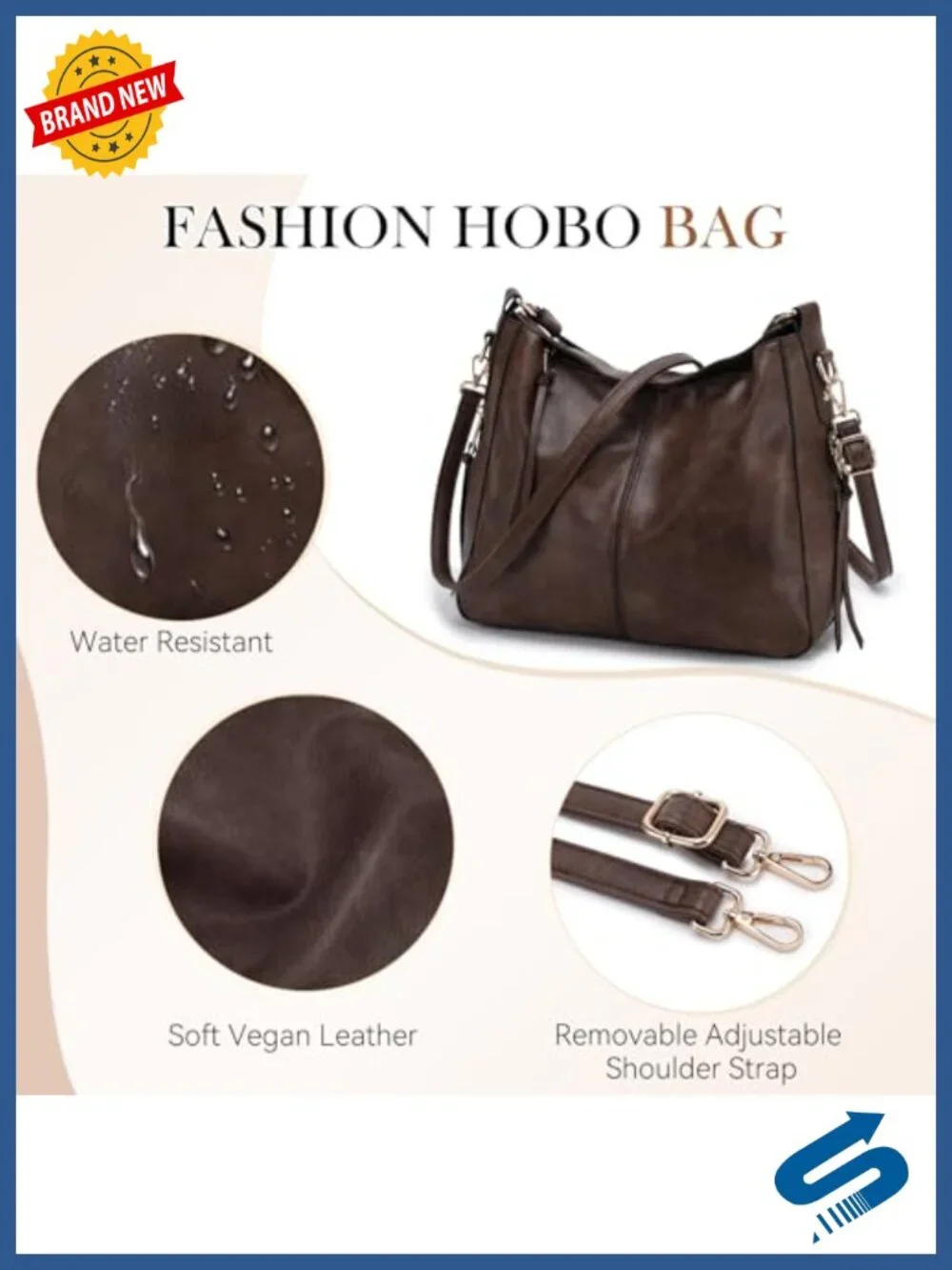 Faux Leather Hobo Shoulder Bag with Adjustable Strap, Back Zipper Pocket